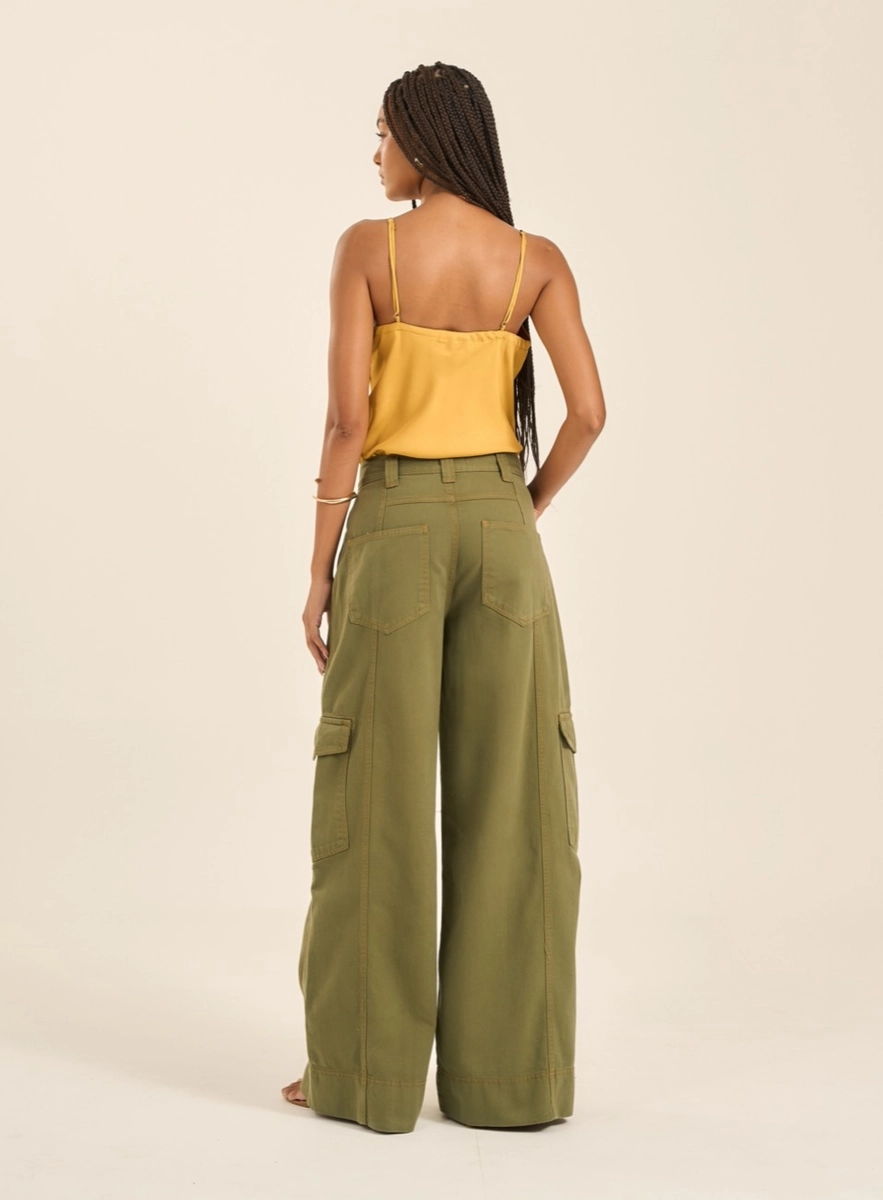 Calça Sarja Wide Leg Cargo Verde Souisy