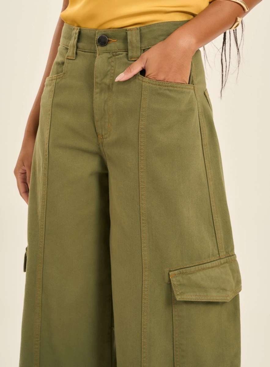 Calça Sarja Wide Leg Cargo Verde Souisy