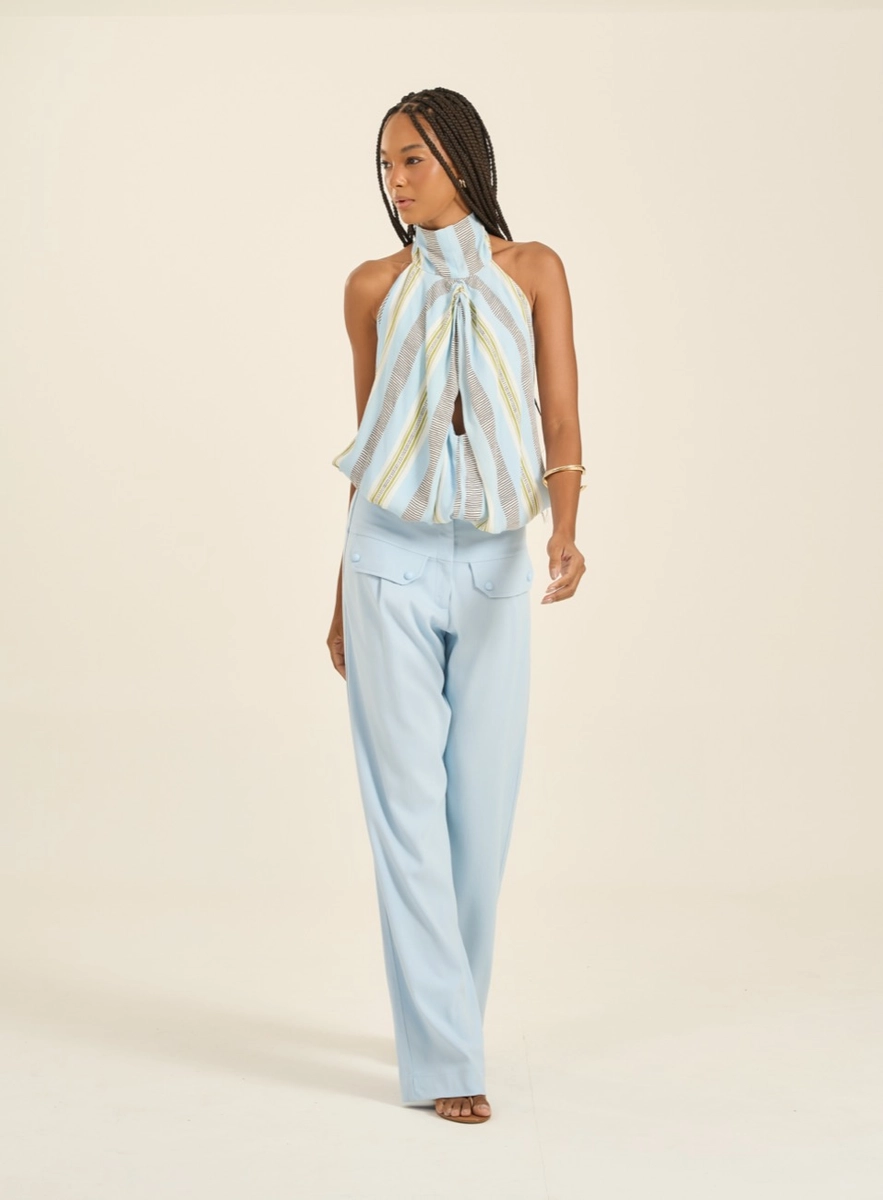 Calça Feminina Pantalona Com Lapelas E Botões Azul Souisy