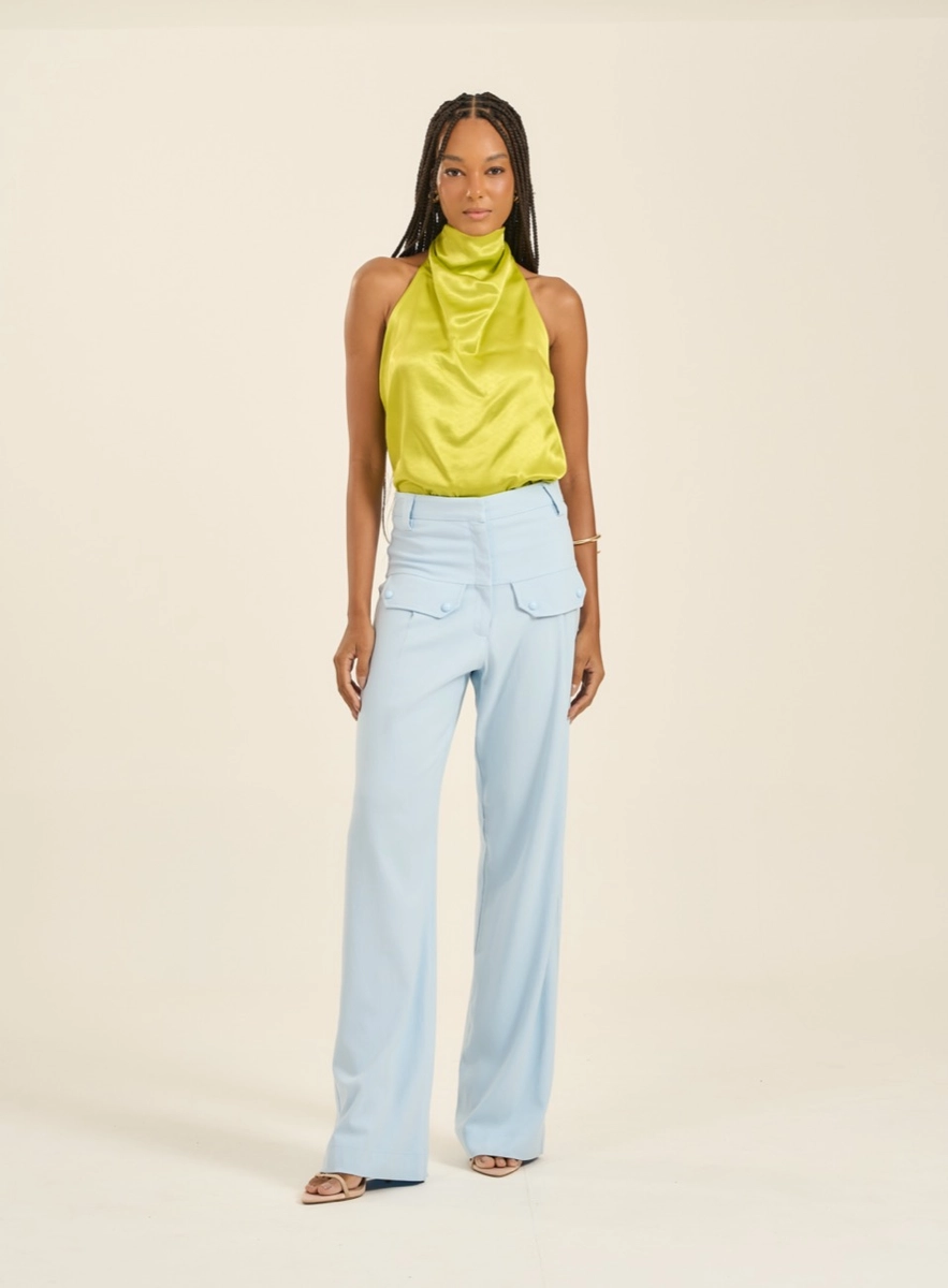 Calça Feminina Pantalona Com Lapelas E Botões Azul Souisy