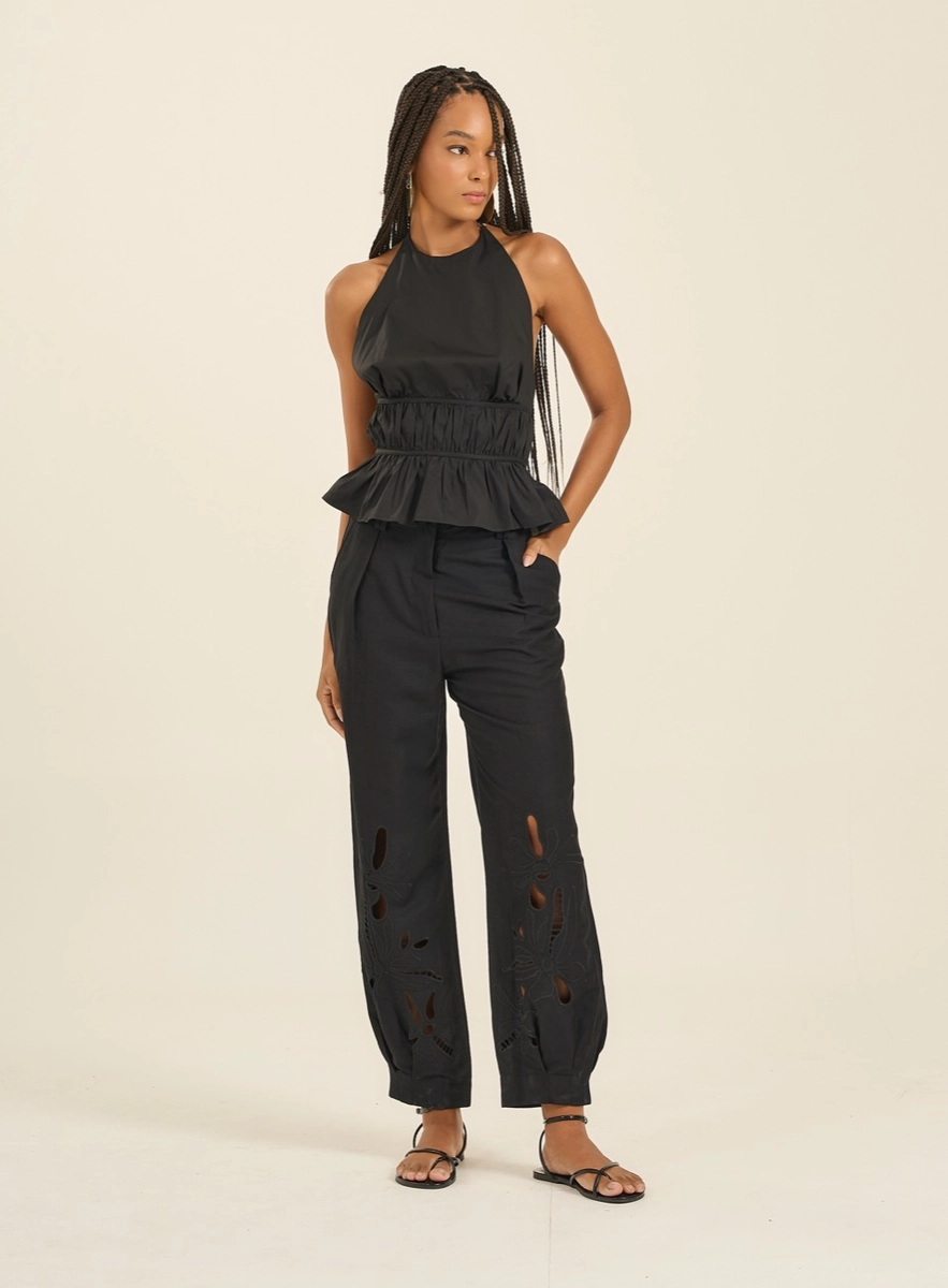 Calça Alfaiataria Linho Com Bordados Preto Souisy