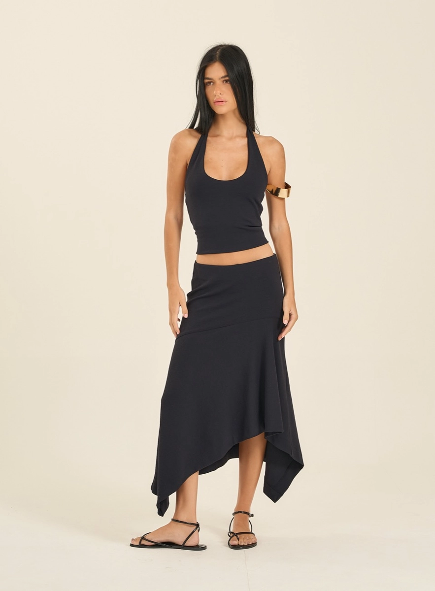 Saia Midi Feminina Barra Assimétrica Preto Souisy