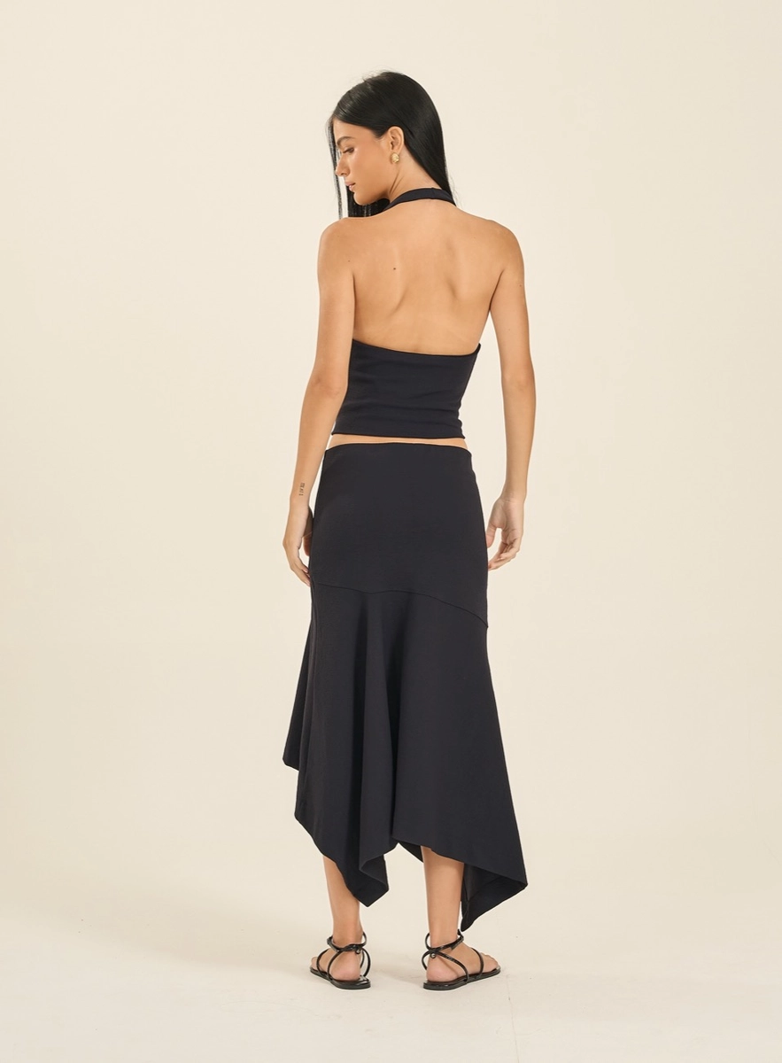 Saia Midi Feminina Barra Assimétrica Preto Souisy