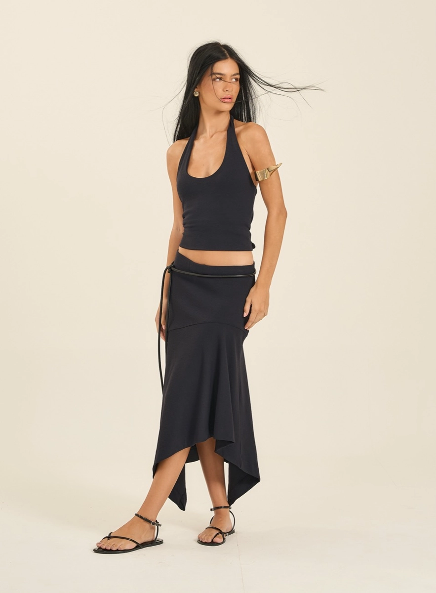 Saia Midi Feminina Barra Assimétrica Preto Souisy