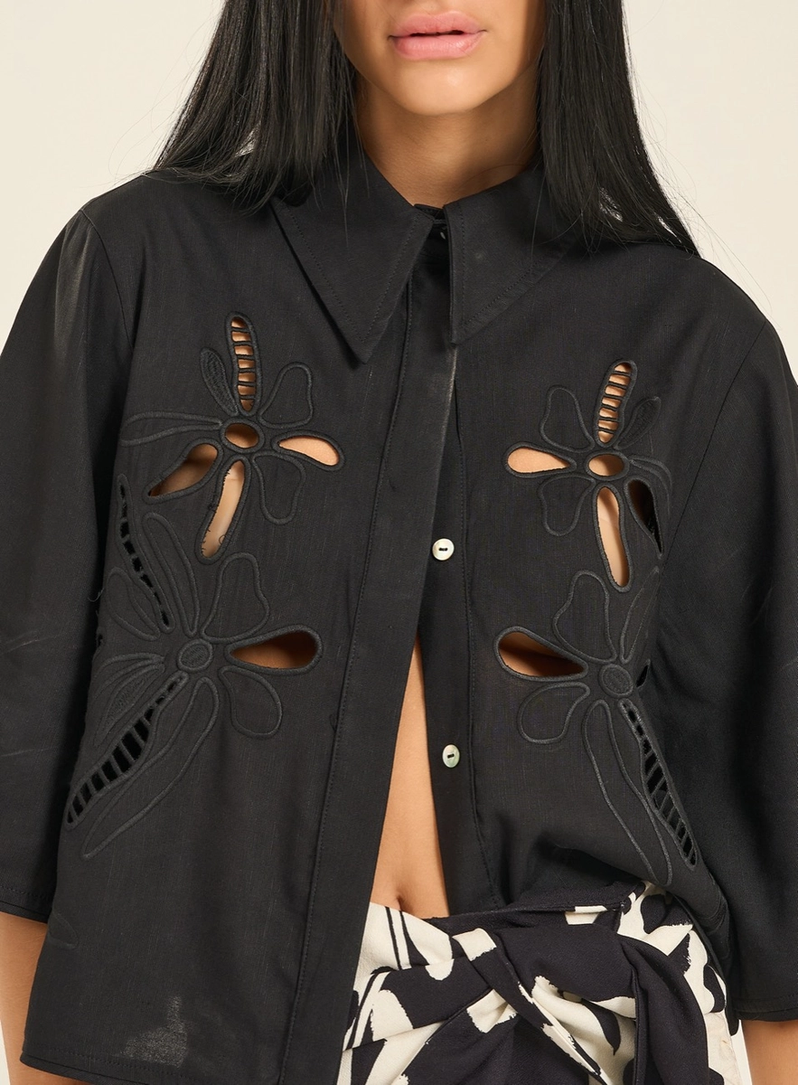 Camisa Linho Bordada Preto Souisy