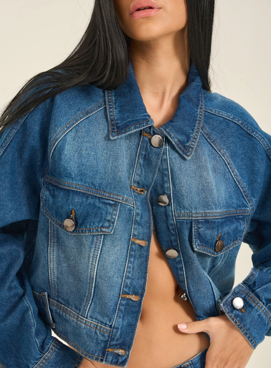 Jaqueta Jeans Cropped Com Mangas Marcadas Índigo Souisy