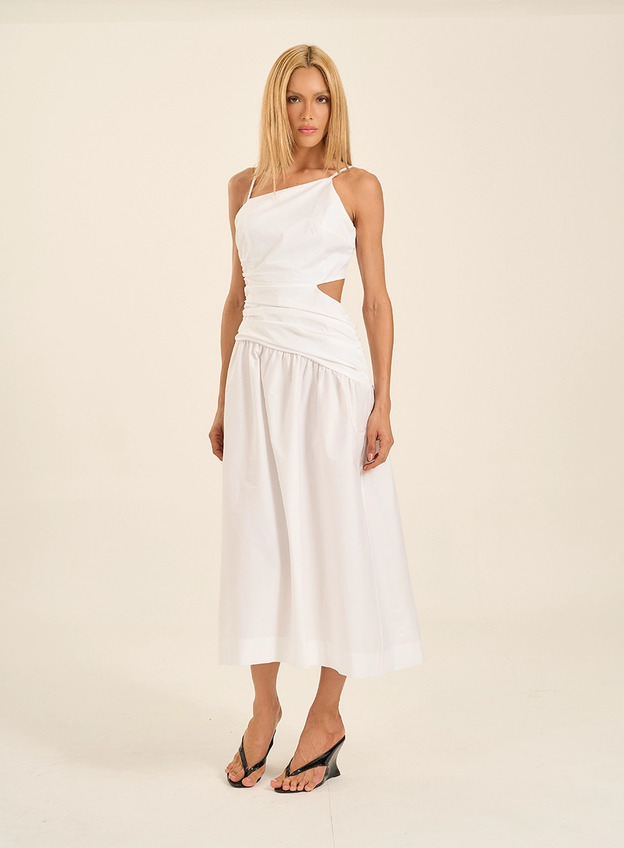 Vestido Midi Asimétrico Com Amarração Branco Souisy