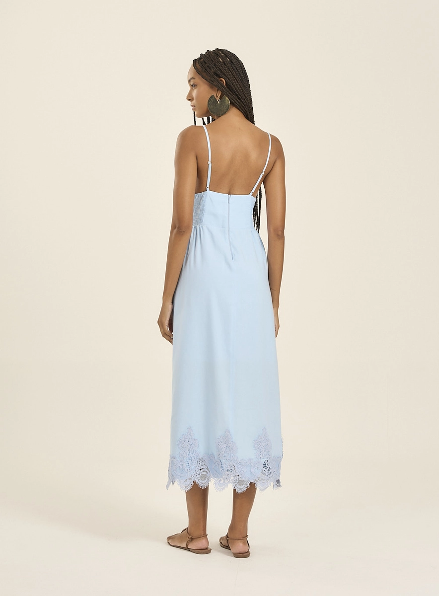 Vestido Linho Midi Com Detalhes Em Renda Azul Souisy