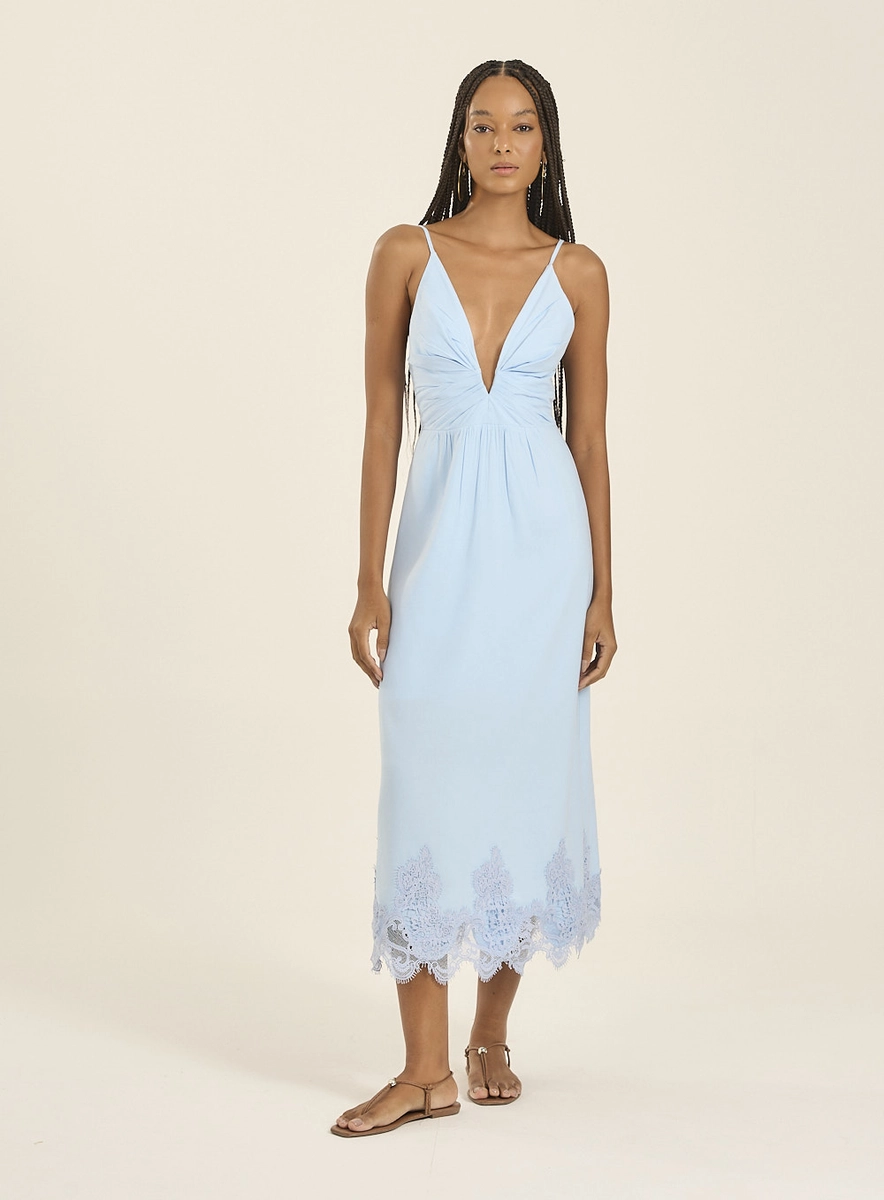 Vestido Linho Midi Com Detalhes Em Renda Azul Souisy