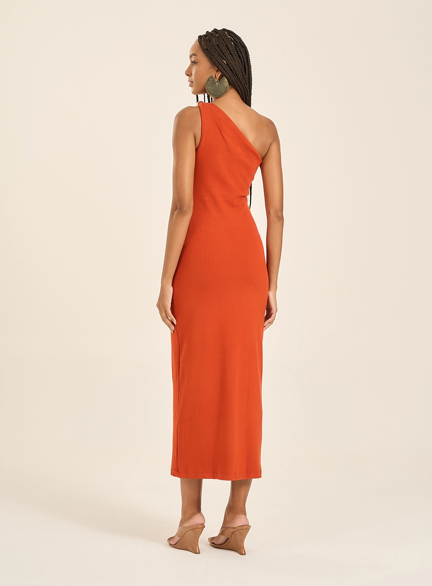 Vestido Longo Um Ombro Só Canelado Laranja Souisy