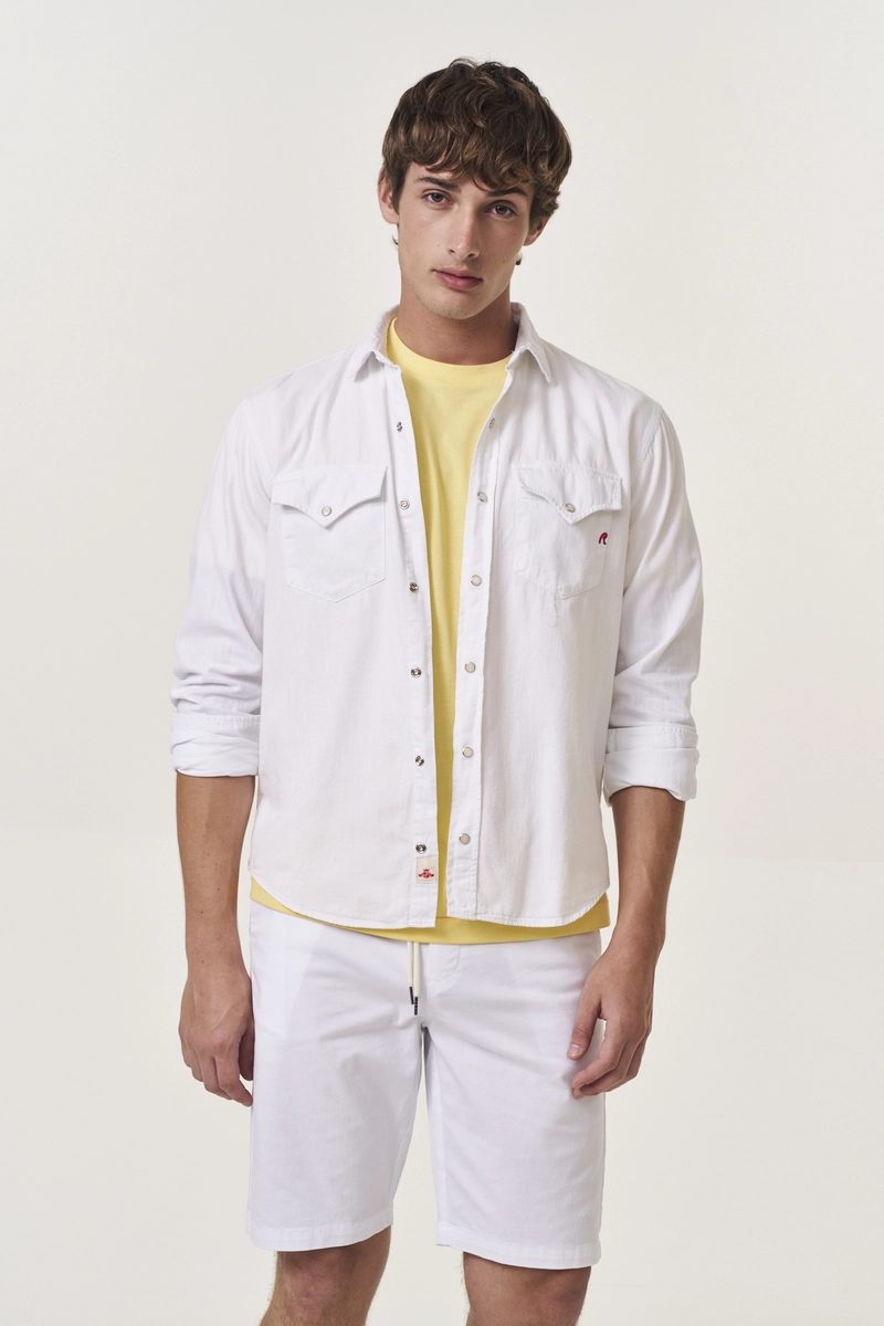 Camisa Sarja Masculina Regular Manga Longa Branco Replay