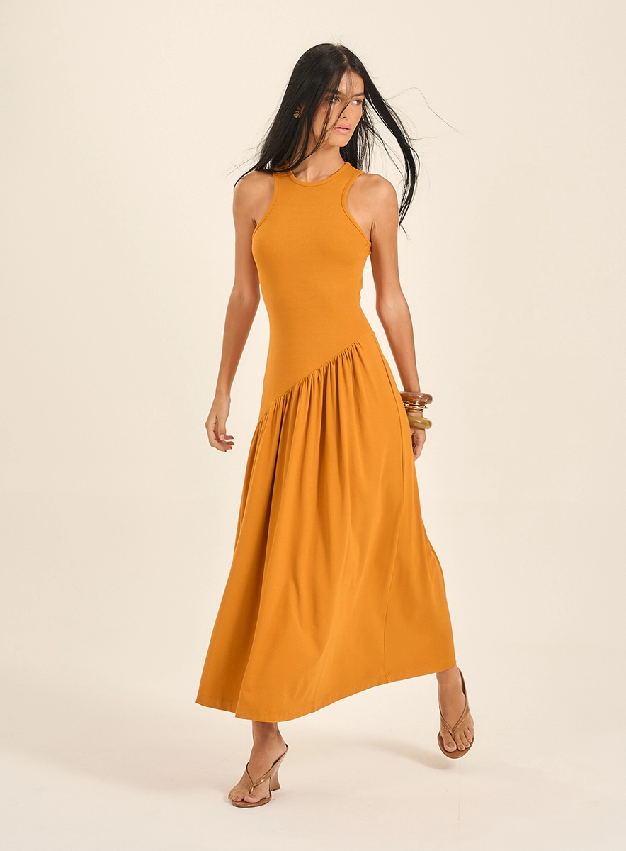 Vestido Midi Canelado Cintura Assimétrica Marrom Souisy