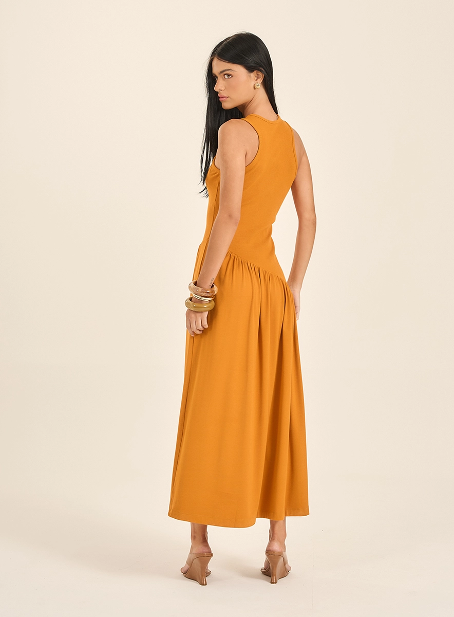 Vestido Midi Canelado Cintura Assimétrica Marrom Souisy