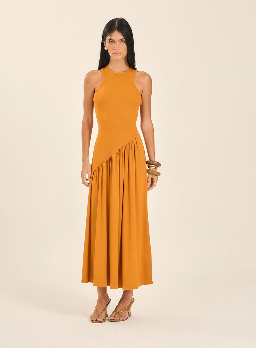 Vestido Midi Canelado Cintura Assimétrica Marrom Souisy