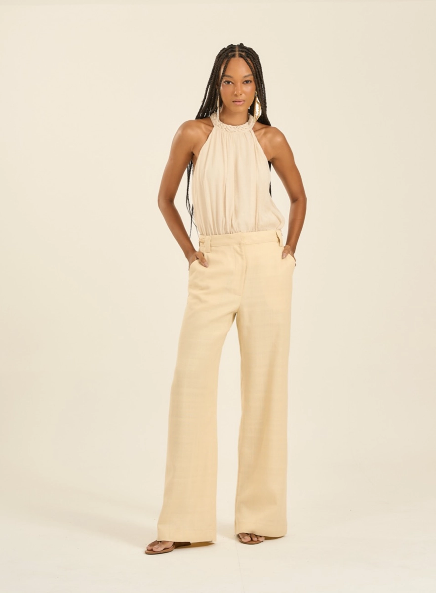 Calça Feminina Pantalona Com Detalhe Amarelo Souisy