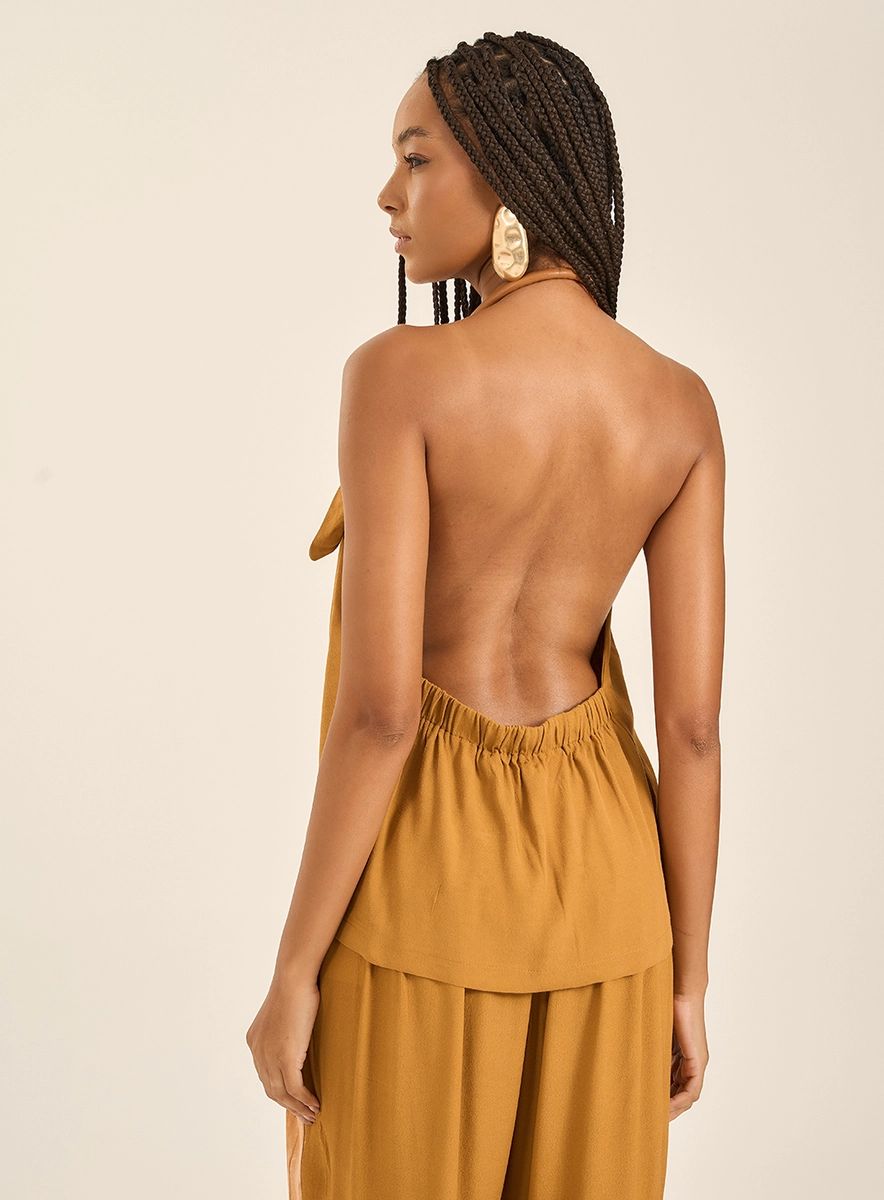 Blusa Decote V Com Costas Abertas Marrom Souisy