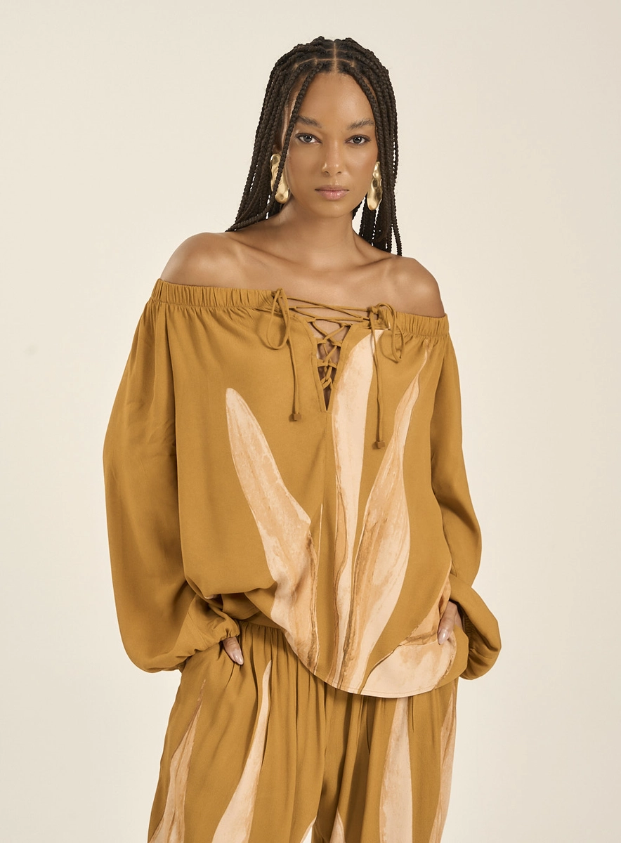 Blusa Ombro A Ombro Estampada Com Amarração Estampados Souisy