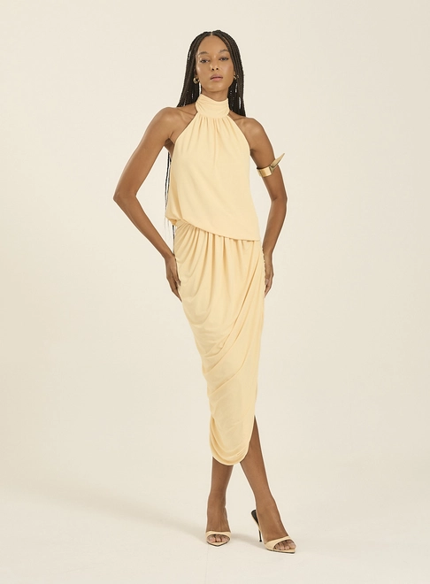 Vestido Midi Frente Única Drapeado Com Amarração
