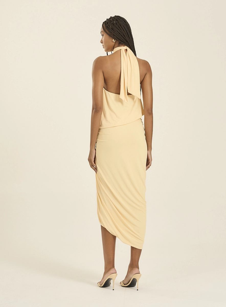 Vestido Midi Frente Única Drapeado Com Amarração Amarelo Souisy