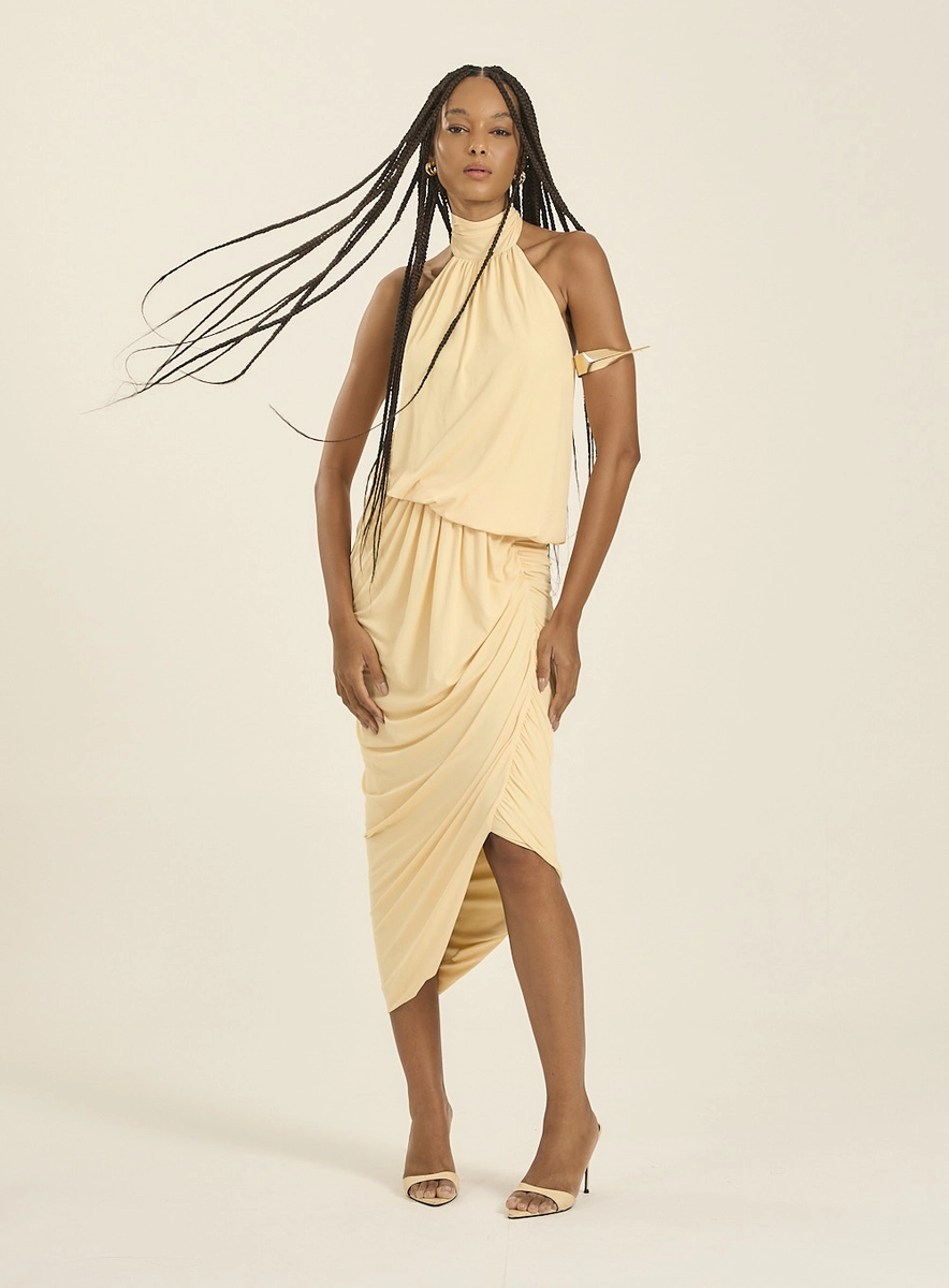 Vestido Midi Frente Única Drapeado Com Amarração Amarelo Souisy