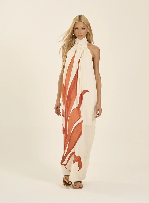 Vestido Longo Estampado Com Gola Alta