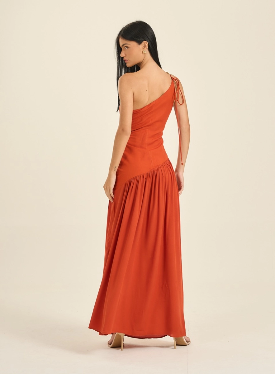 Vestido Longo Linho Um Ombro Só Laranja Souisy