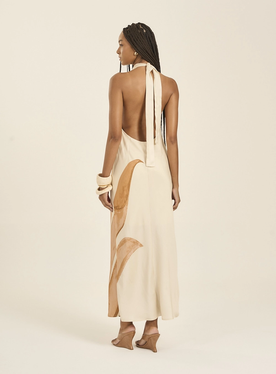 Vestido Longo Estampado Costas Abertas Bege Souisy
