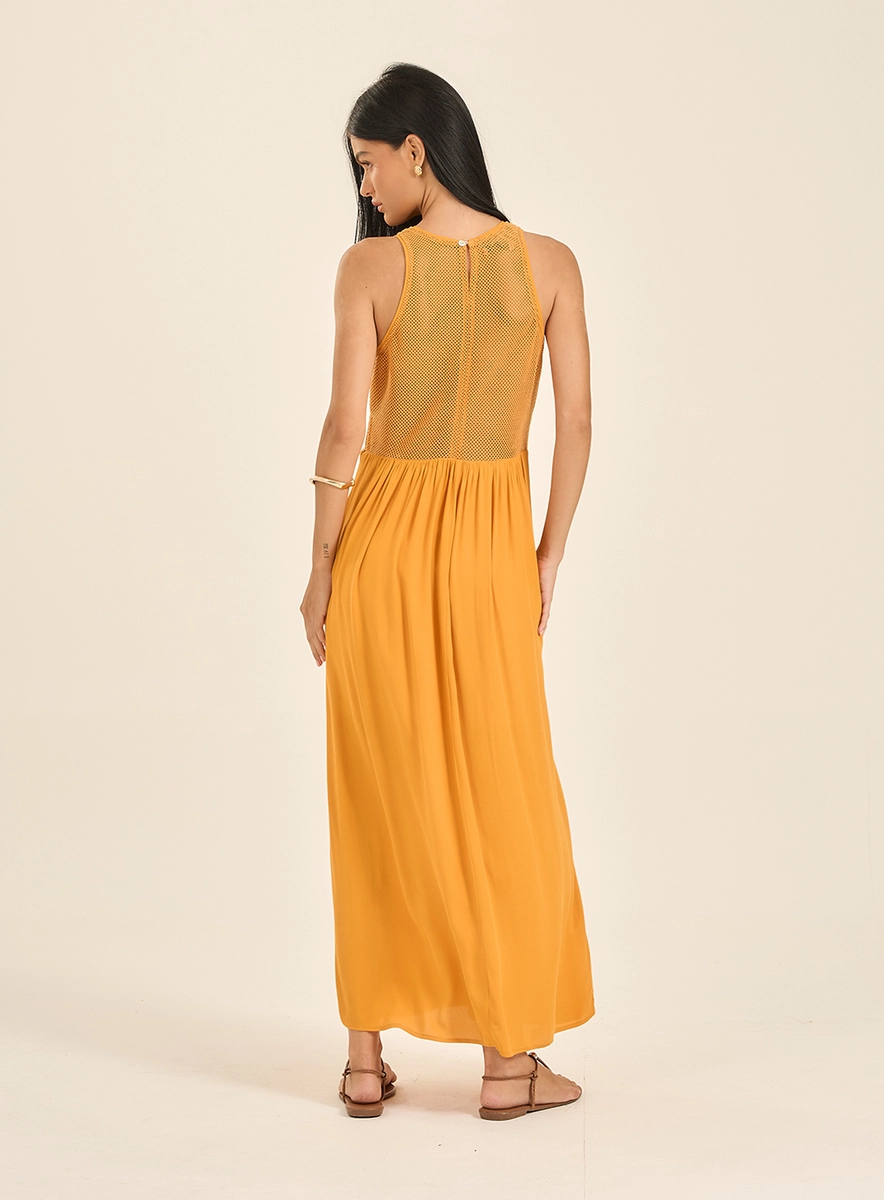 Vestido Longo Bordado Floral Laranja Souisy