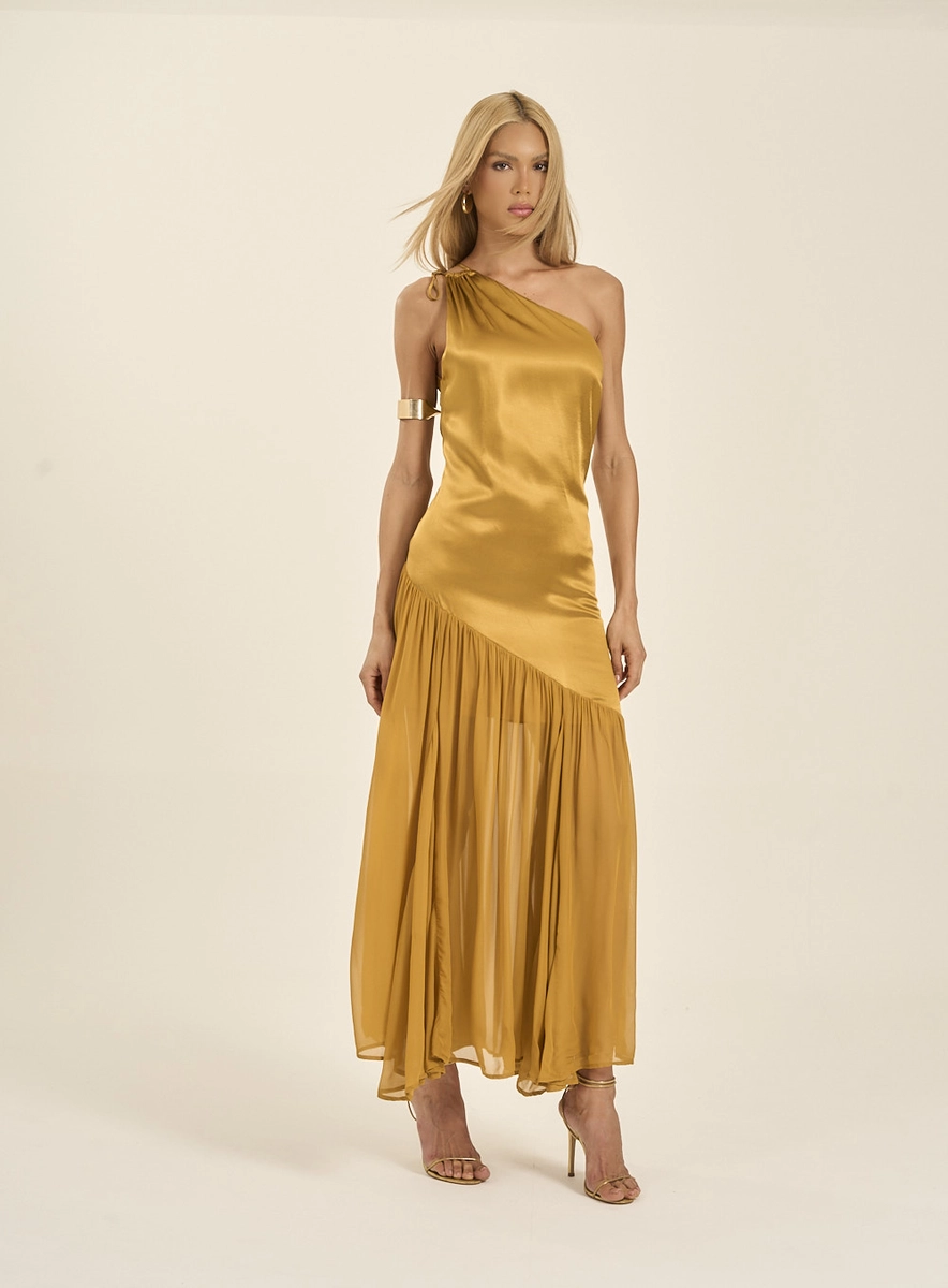 Vestido Longo Um Ombro Só Saia Assimétrica Amarelo Souisy