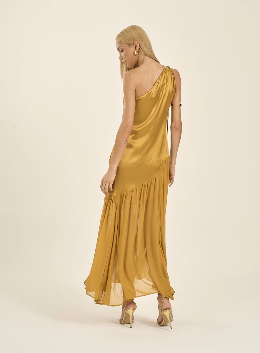 Vestido Longo Um Ombro Só Saia Assimétrica Amarelo Souisy