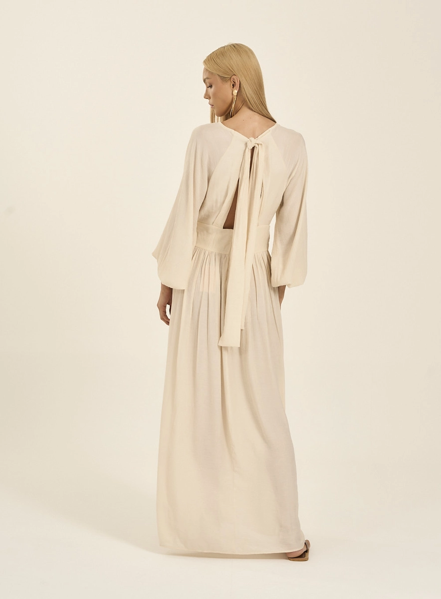 Vestido Longo Com Decote V Bege Souisy