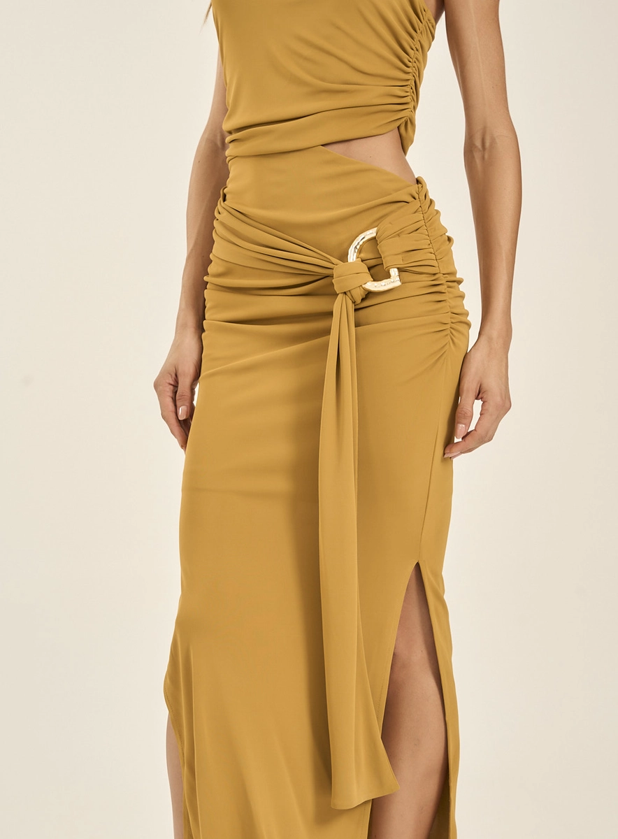 Vestido Longo Drapeado Com Fenda Amarelo Souisy