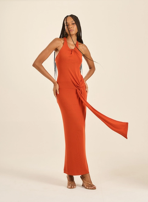 Vestido Longo Canelado Com Detalhe