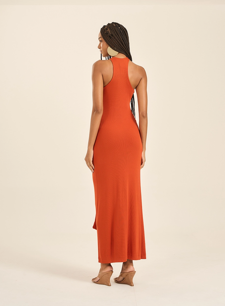 Vestido Longo Canelado Com Detalhe Laranja Souisy