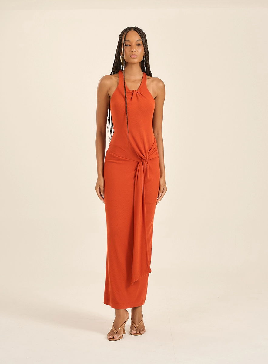 Vestido Longo Canelado Com Detalhe Laranja Souisy
