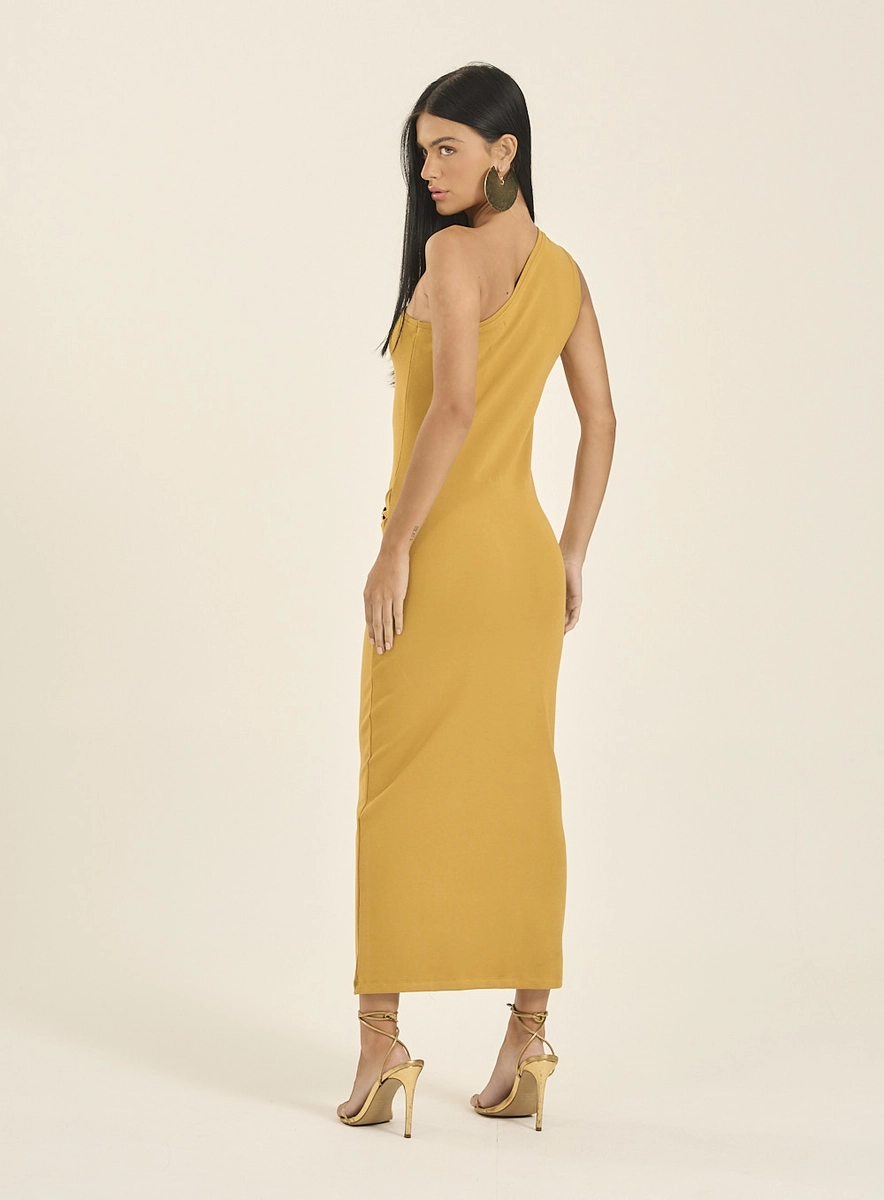 Vestido Longo Um Ombro Só Com Detalhes Bege Souisy