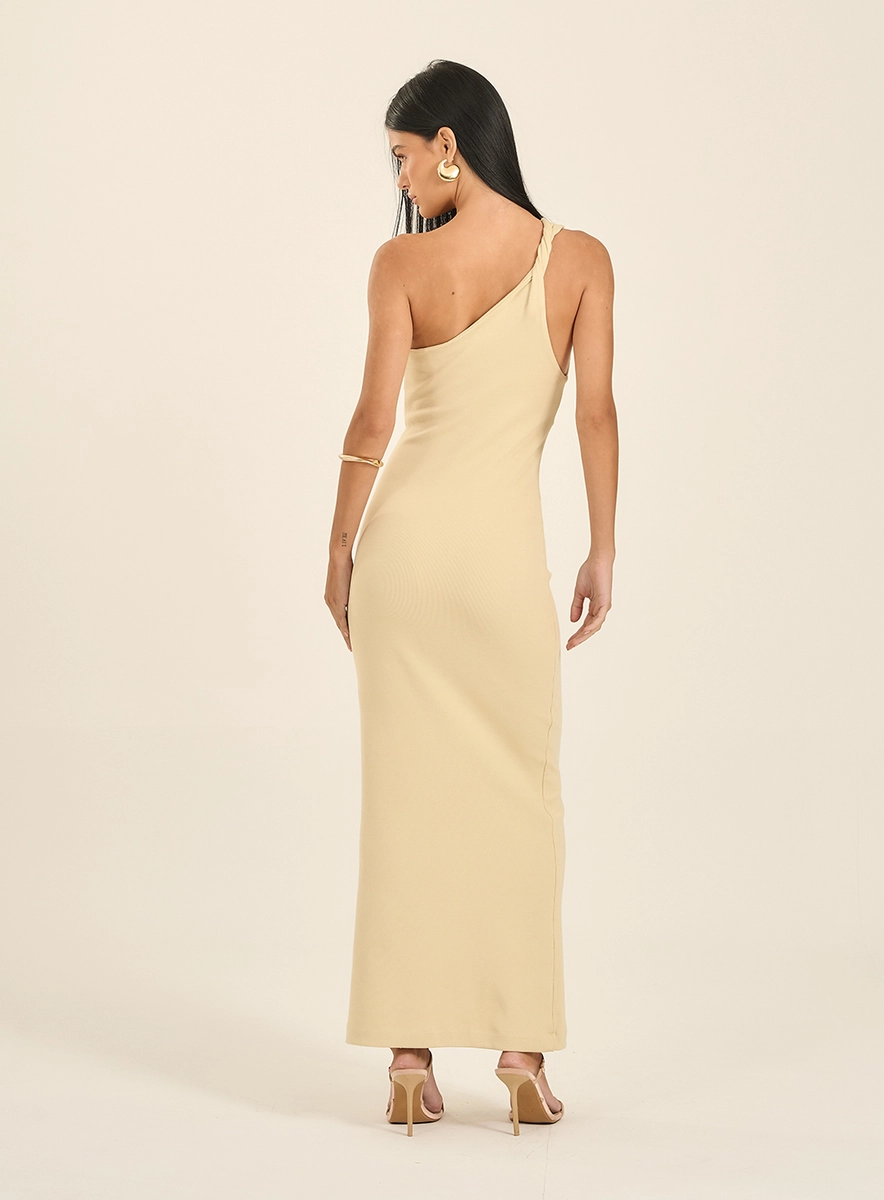 Vestido Longo Um Ombro Só Canelado Bege Souisy