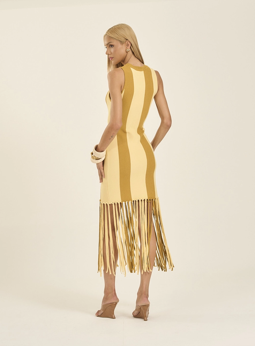 Vestido Midi Com Barra De Franjas Estampados Souisy