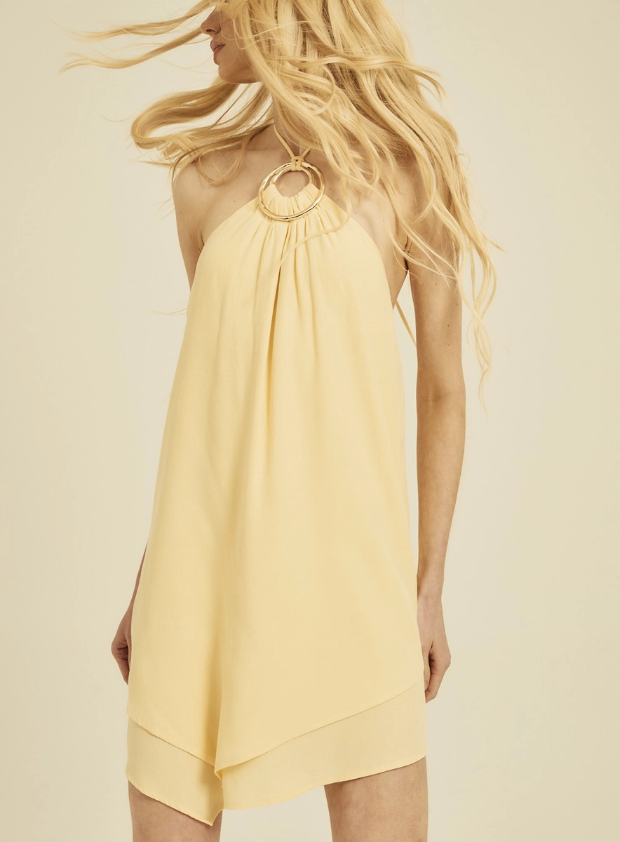 Vestido Evasê Fluido Halter Com Detalhe Metalizado Amarelo Souisy